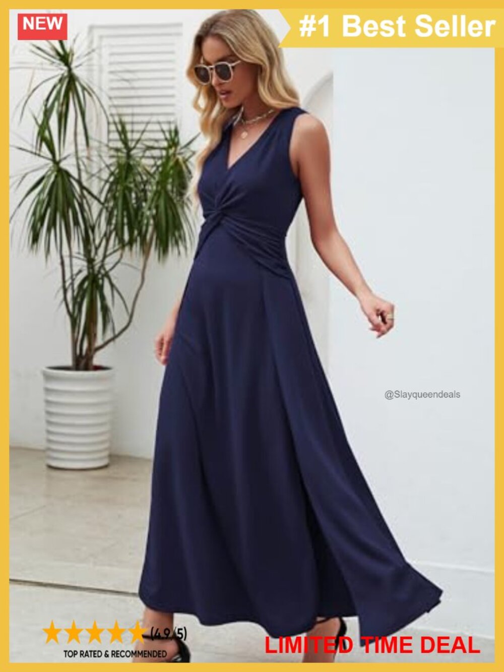 Formal V Neck Sleeveless Maxi Dress A-Line Ruffle Evening Wedding Guest - Picture 3 of 6